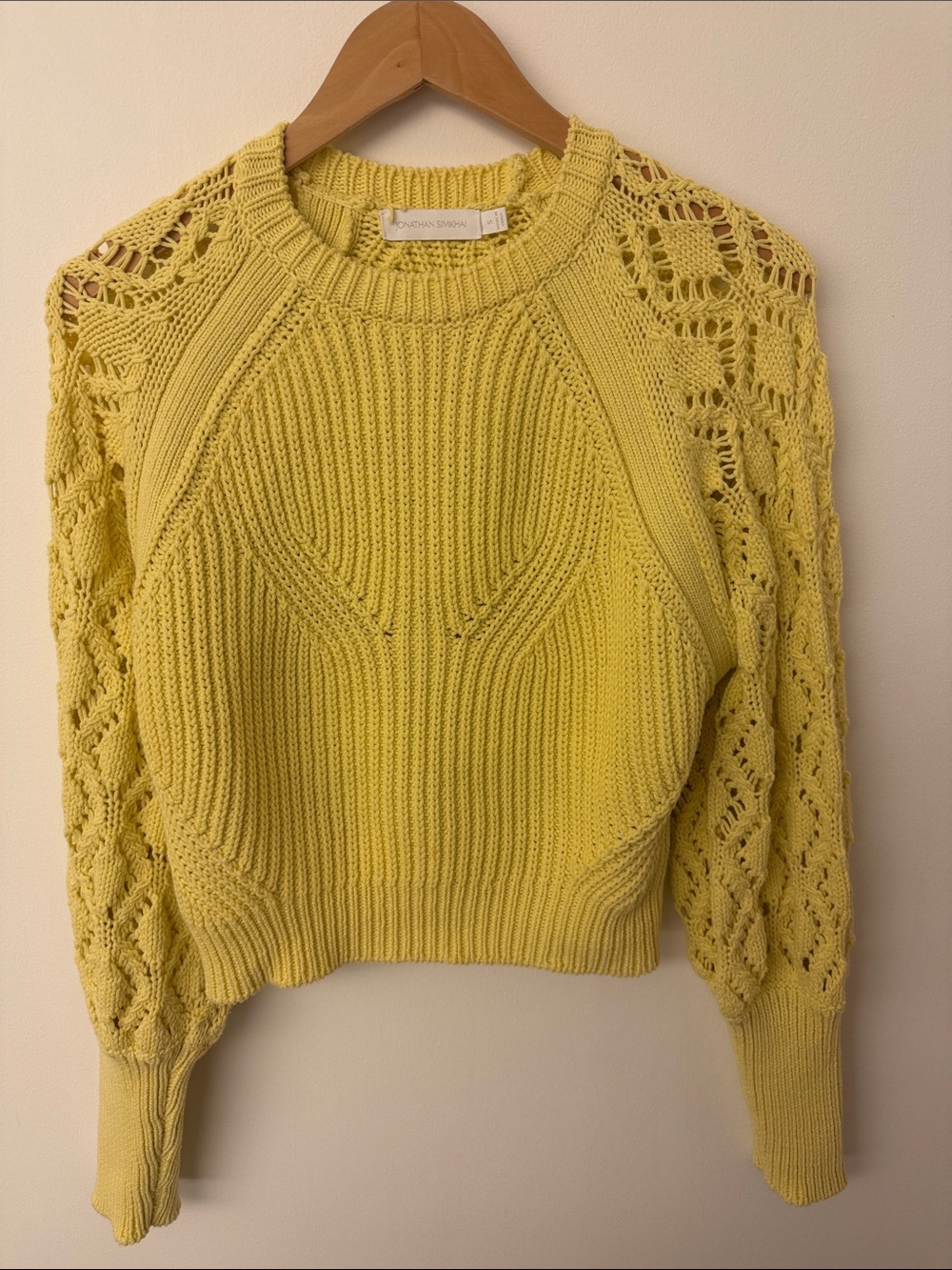 Jonathan Simkhai Bright Yellow Lace-Sleeve Crewneck Sweater